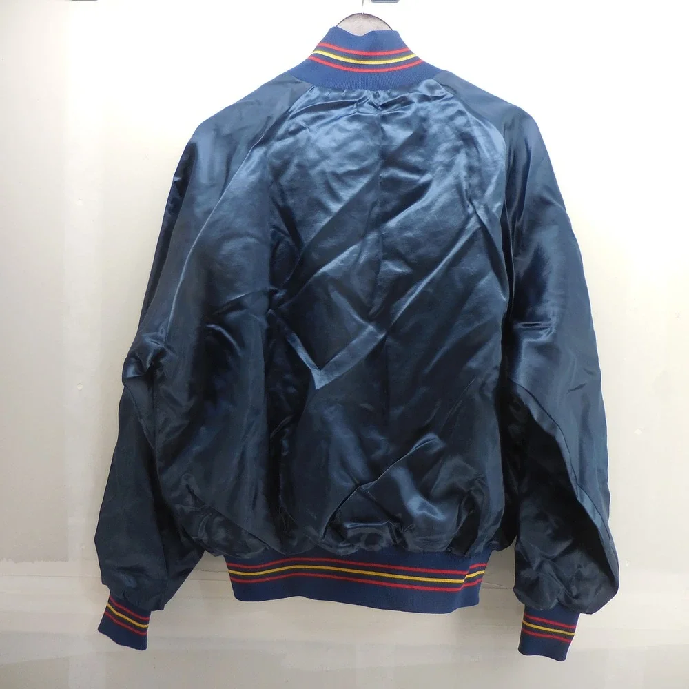 Vintage Anheuser Busch Budweiser Satin Bomber Jacket Navy Blue XL Made USA 80s